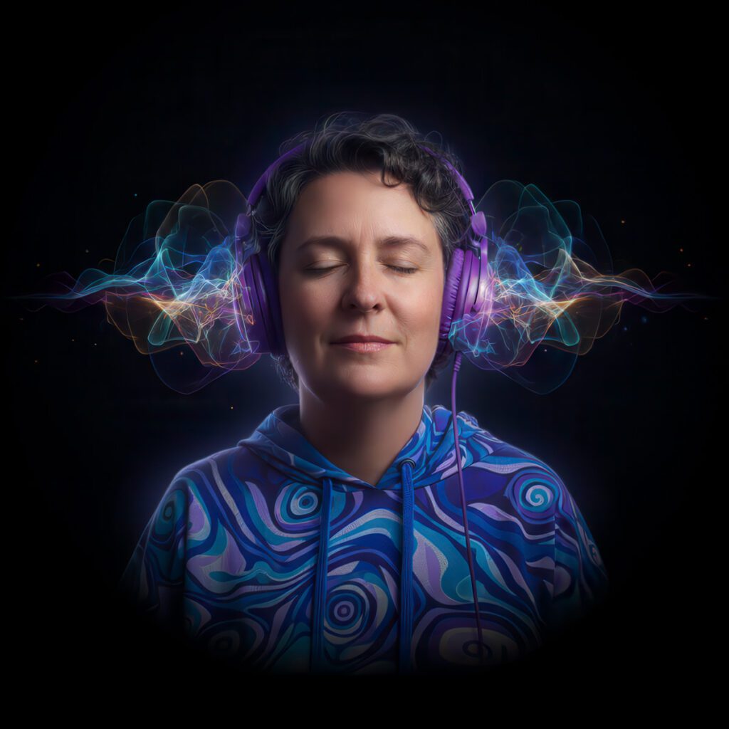 A person with short, graying hair and closed eyes wears purple headphones and a blue patterned hoodie against a black background. Colorful, abstract sound waves emanate from the headphones, creating a visual representation of music or sound. The image evokes a sense of peace, immersion, and the power of auditory experience.